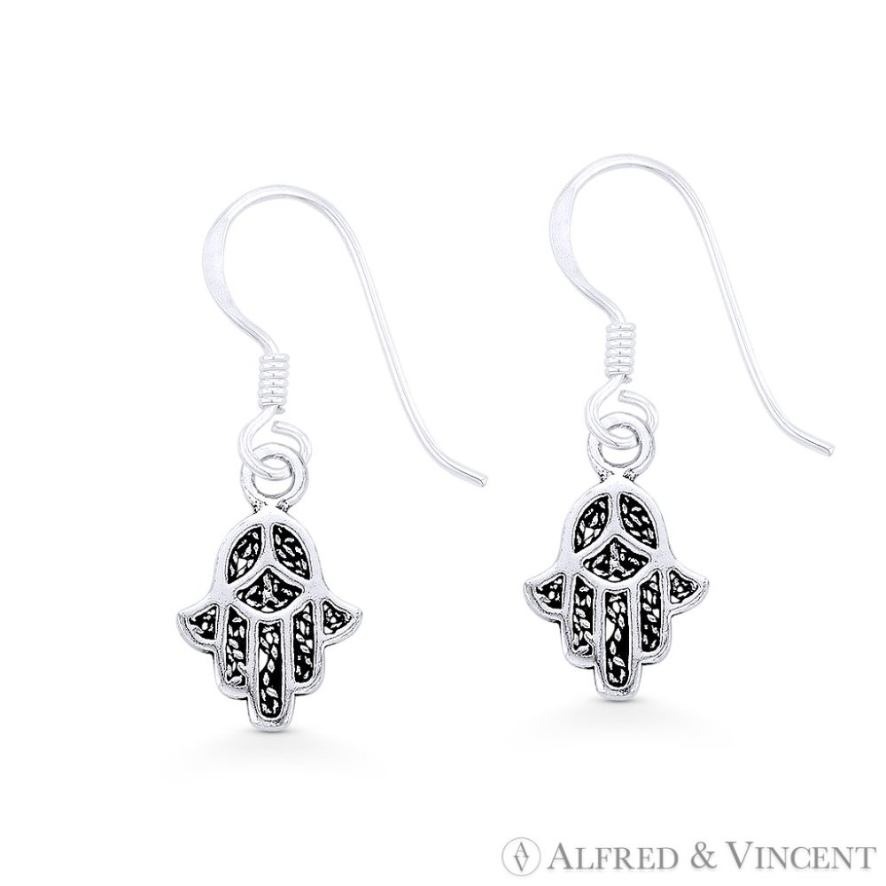 Hamsa Hand Evil Eye Luck Charm Dangling Hook Earrings in .925 Sterling Silver